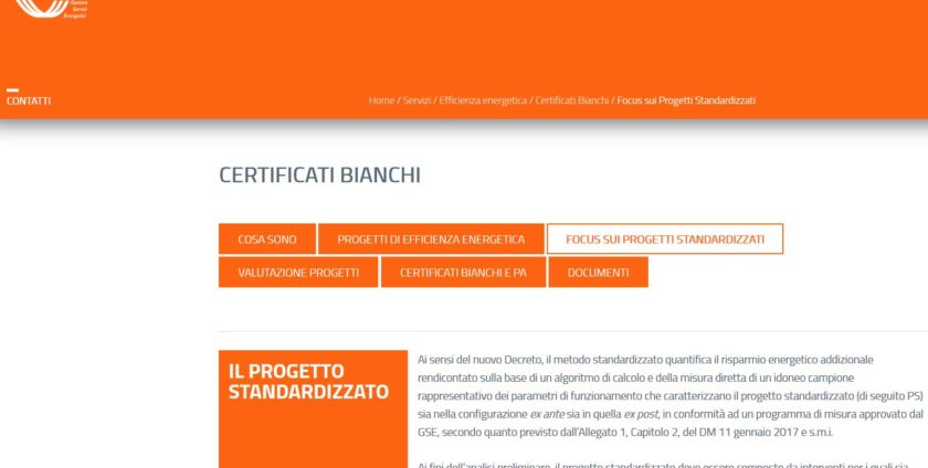 Certificati Bianchi per i progetti standardizzati